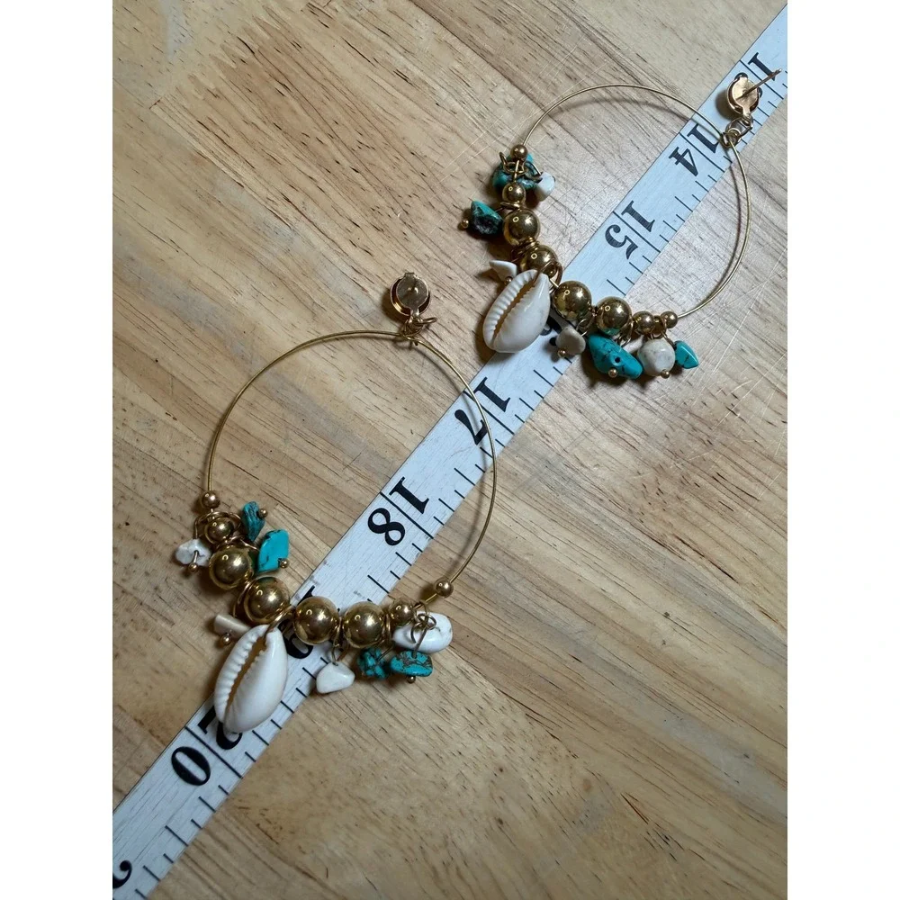 Hoop Earrings Gold Turquoise‎ Shell Bohemian Coastal Beachy Statement